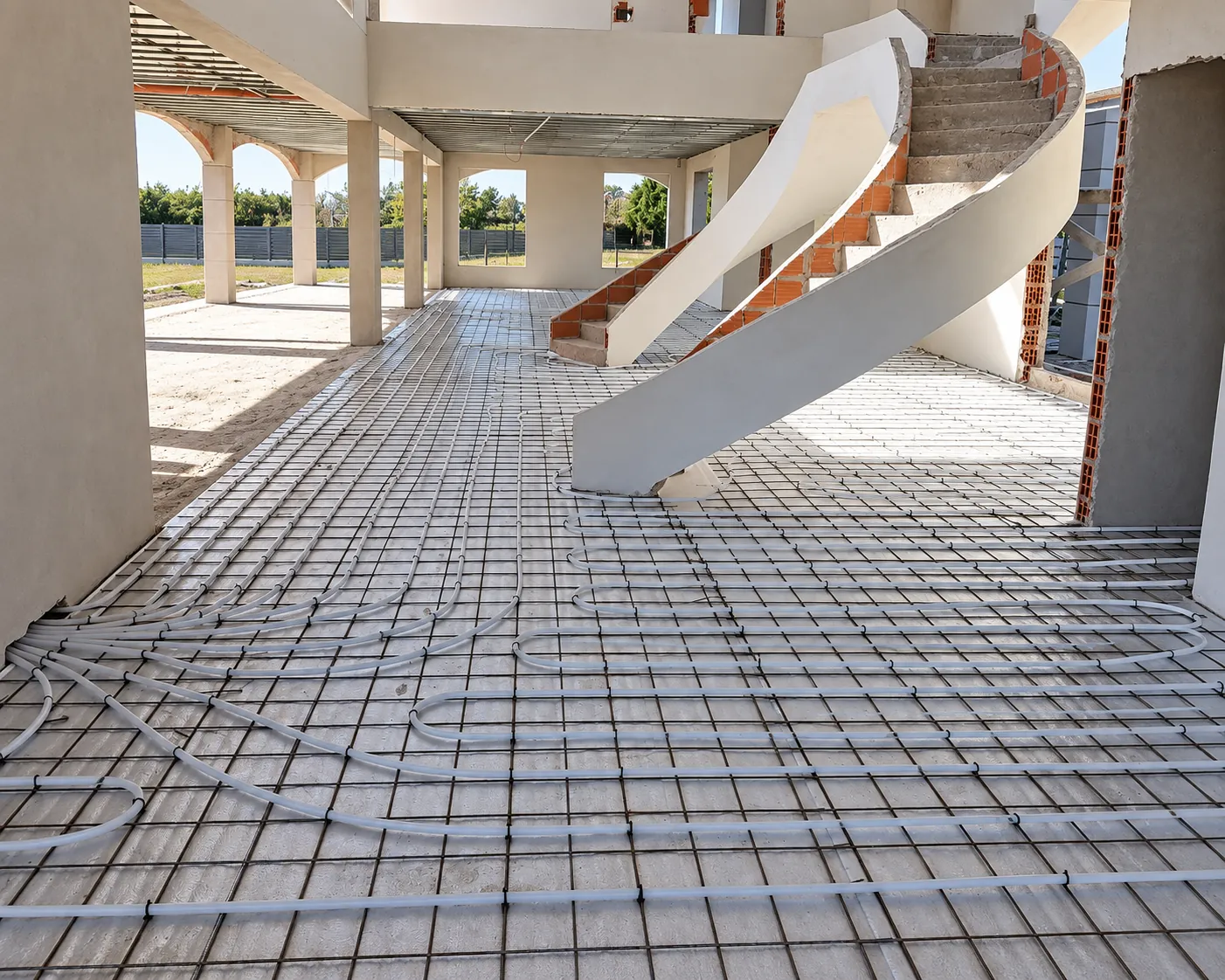 Obra en ejecución con circuitos de piso radiante tendidos en planta baja